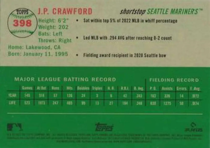 2023 Topps Chrome Platinum Anniversary #398 J.P. Crawford EX Excellent Seattle Mariners Baseball Card - Baseball Card