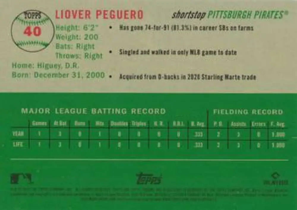2023 Topps Chrome Platinum Anniversary #40 Liover Peguero EX Excellent RC Rookie Pittsburgh Pirates Baseball Card