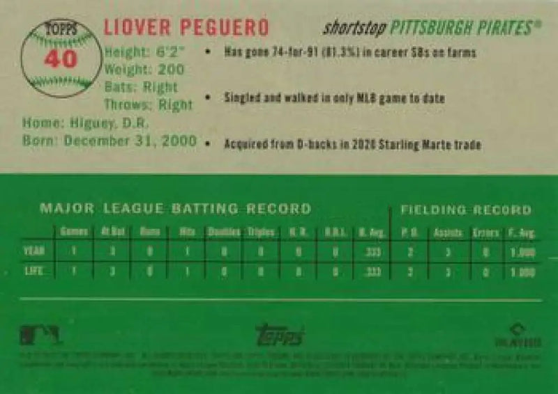 2023 Topps Chrome Platinum Anniversary #40 Liover Peguero EX Excellent RC Rookie Pittsburgh Pirates Baseball Card