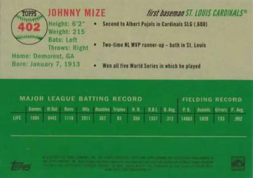 2023 Topps Chrome Platinum Anniversary #402 Johnny Mize EX Excellent St. Louis Cardinals Baseball Card - Baseball Card