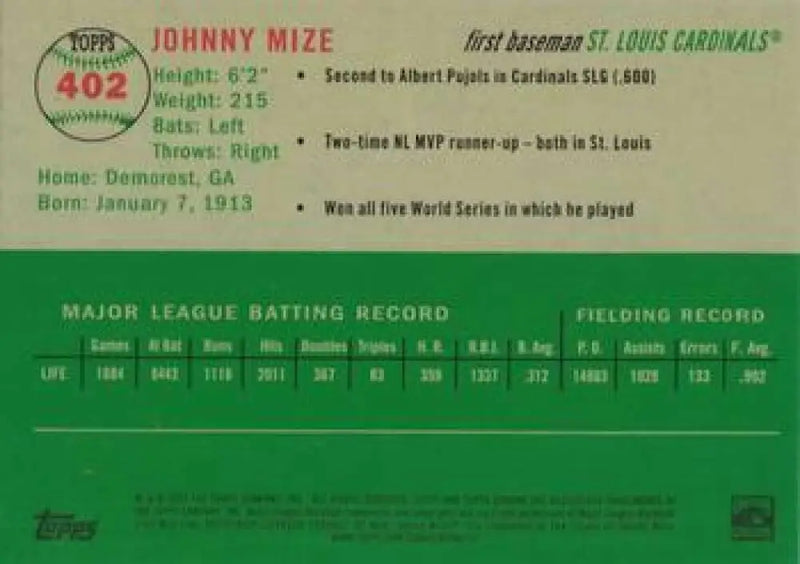 2023 Topps Chrome Platinum Anniversary #402 Johnny Mize EX Excellent St. Louis Cardinals Baseball Card - Baseball Card