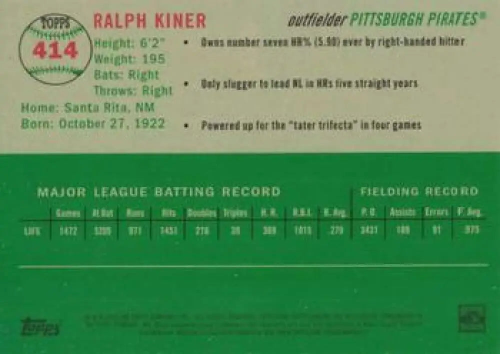 2023 Topps Chrome Platinum Anniversary #414 Ralph Kiner EX Excellent Pittsburgh Pirates Baseball Card - Baseball Card