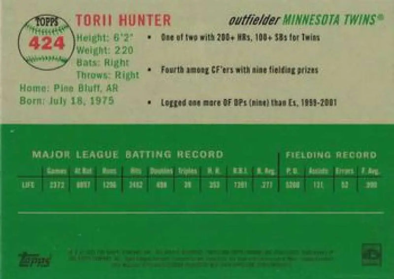 2023 Topps Chrome Platinum Anniversary #424 Torii Hunter EX Excellent Minnesota Twins Baseball Card - Baseball Card