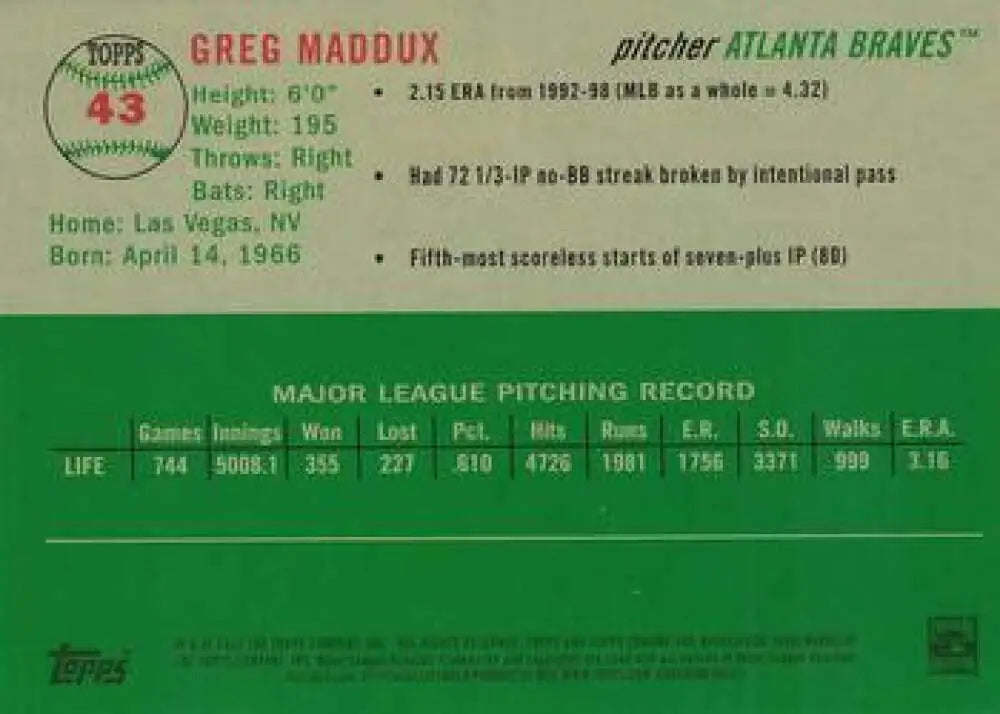 2023 Topps Chrome Platinum Anniversary #43 Greg Maddux EX Excellent Atlanta Braves Baseball Card - Baseball Card Single