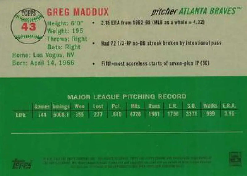 2023 Topps Chrome Platinum Anniversary #43 Greg Maddux EX Excellent Atlanta Braves Baseball Card - Baseball Card Single