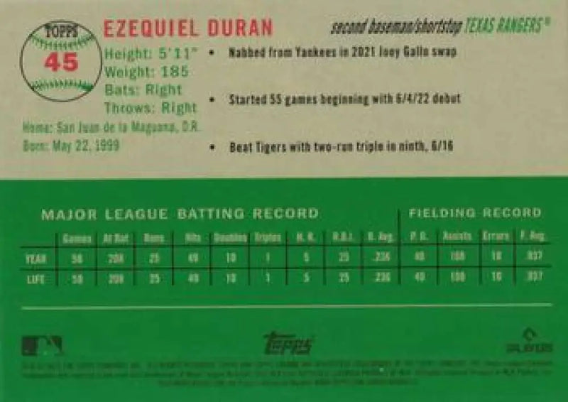 2023 Topps Chrome Platinum Anniversary #45 Ezequiel Duran EX Excellent RC Rookie Texas Rangers Baseball Card - Baseball
