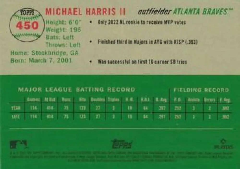 2023 Topps Chrome Platinum Anniversary #450 Michael Harris II EX Excellent RC Rookie Atlanta Braves Baseball Card