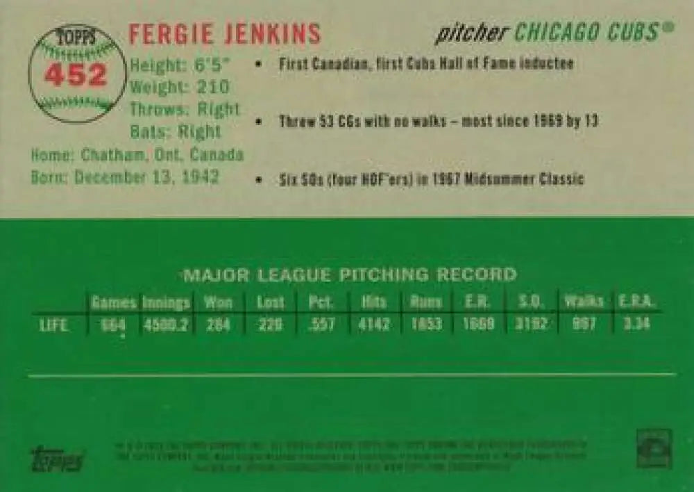2023 Topps Chrome Platinum Anniversary #452 Fergie Jenkins EX Excellent Chicago Cubs Baseball Card - Baseball Card