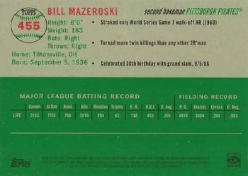 2023 Topps Chrome Platinum Anniversary #455 Bill Mazeroski EX Excellent Pittsburgh Pirates Baseball Card - Baseball