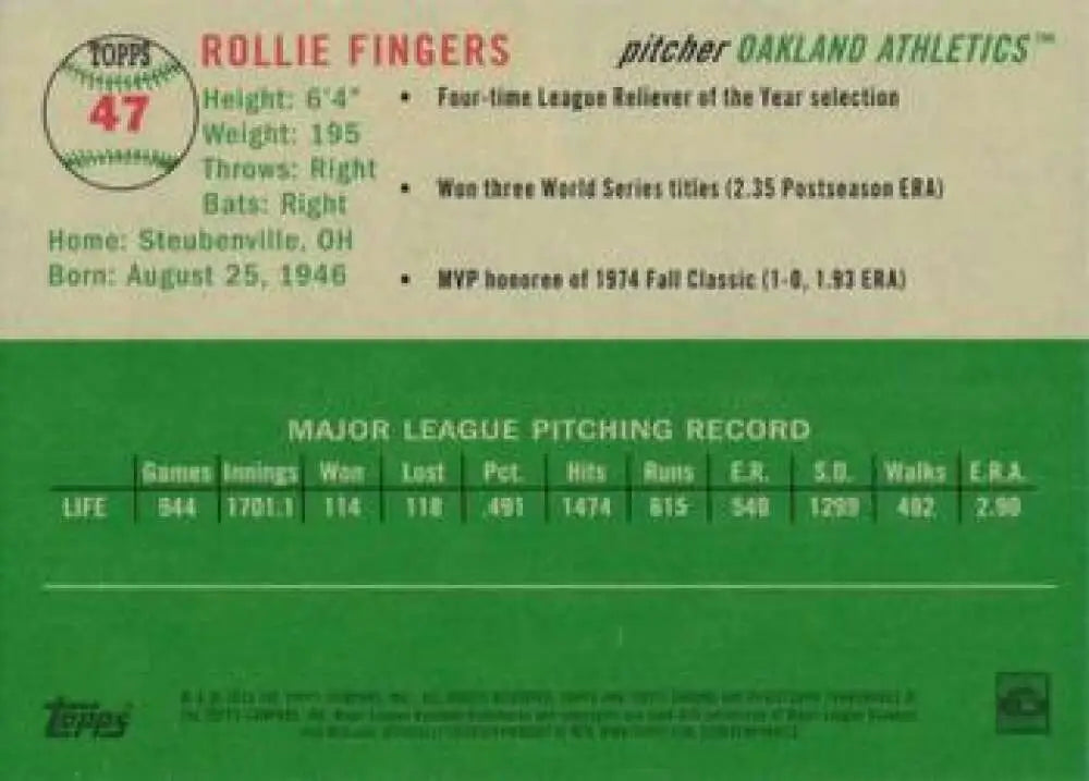 2023 Topps Chrome Platinum Anniversary #47 Rollie Fingers EX Excellent Oakland Athletics Baseball Card - Baseball Card