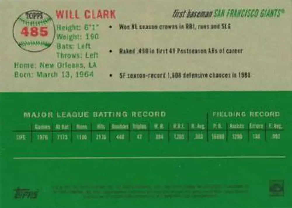 2023 Topps Chrome Platinum Anniversary #485 Will Clark EX Excellent San Francisco Giants Baseball Card - Baseball Card