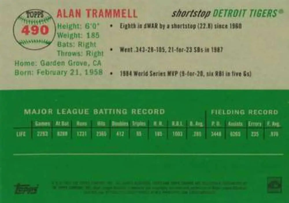2023 Topps Chrome Platinum Anniversary #490 Alan Trammell EX Excellent Detroit Tigers Baseball Card - Baseball Card