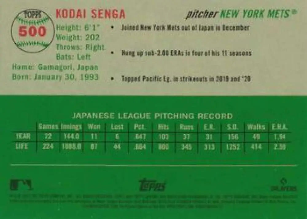 2023 Topps Chrome Platinum Anniversary #500 Kodai Senga EX Excellent RC Rookie New York Mets Baseball Card - Baseball