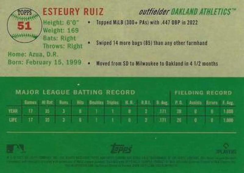 2023 Topps Chrome Platinum Anniversary #51 Esteury Ruiz EX Excellent RC Rookie Oakland Athletics Baseball Card