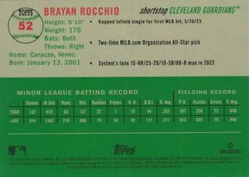 2023 Topps Chrome Platinum Anniversary #52 Brayan Rocchio EX Excellent RC Rookie Cleveland Guardians Baseball Card