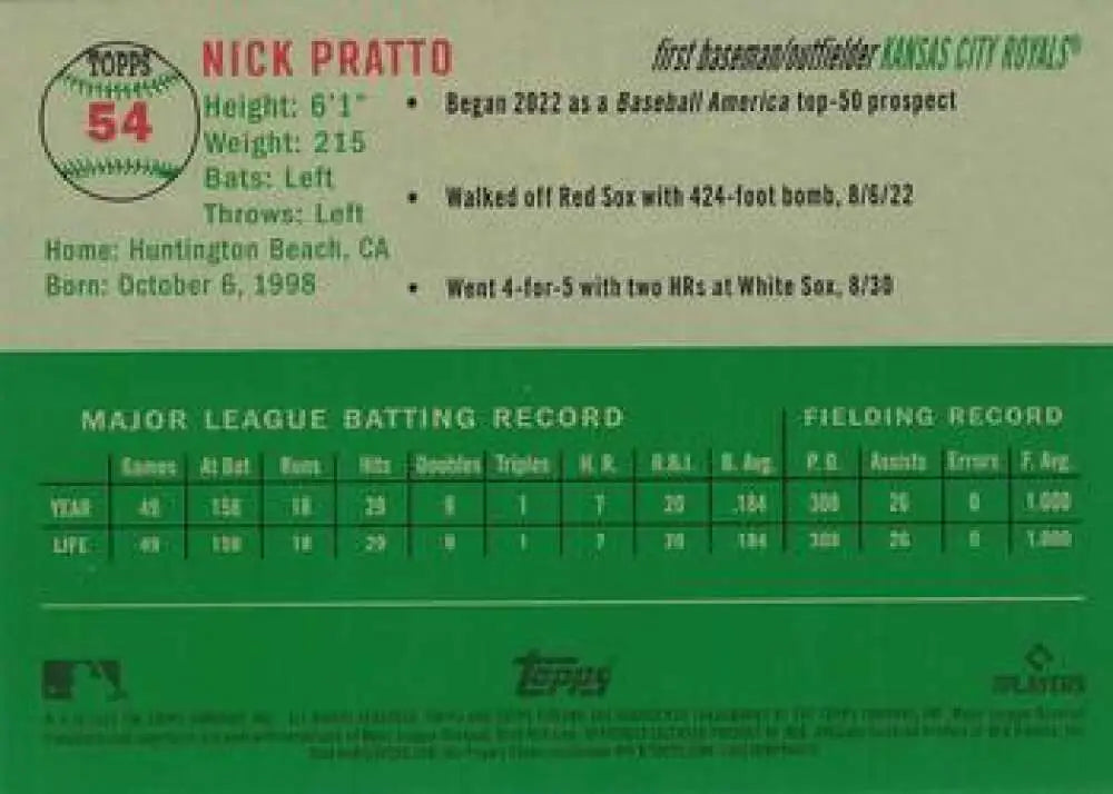 2023 Topps Chrome Platinum Anniversary #54 Nick Pratto EX Excellent RC Rookie Kansas City Royals Baseball Card