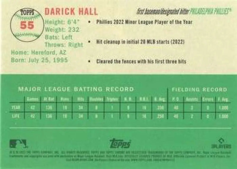 2023 Topps Chrome Platinum Anniversary #55 Darick Hall EX Excellent RC Rookie Philadelphia Phillies Baseball Card