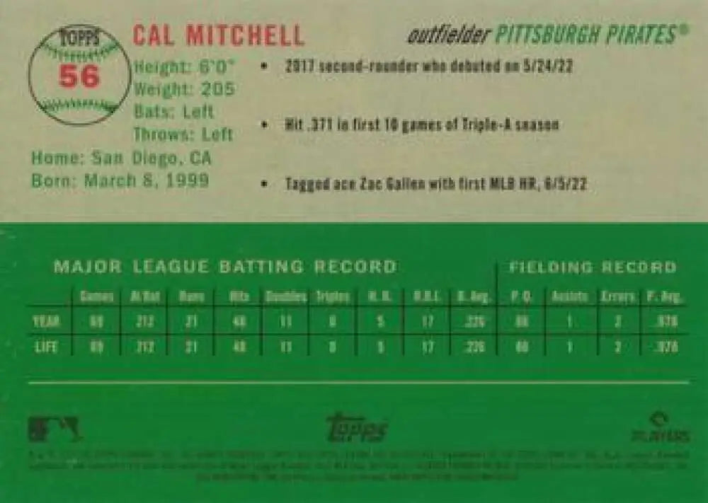 2023 Topps Chrome Platinum Anniversary #56 Cal Mitchell EX Excellent RC Rookie Pittsburgh Pirates Baseball Card