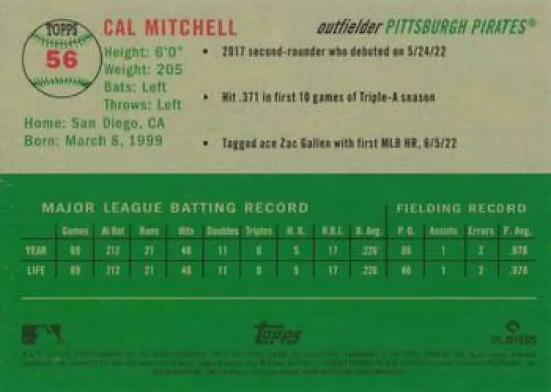 2023 Topps Chrome Platinum Anniversary #56 Cal Mitchell EX Excellent RC Rookie Pittsburgh Pirates Baseball Card