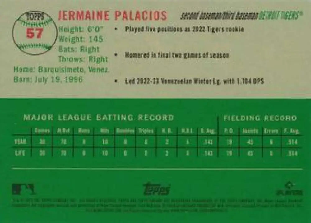2023 Topps Chrome Platinum Anniversary #57 Jermaine Palacios EX Excellent RC Rookie Detroit Tigers Baseball Card