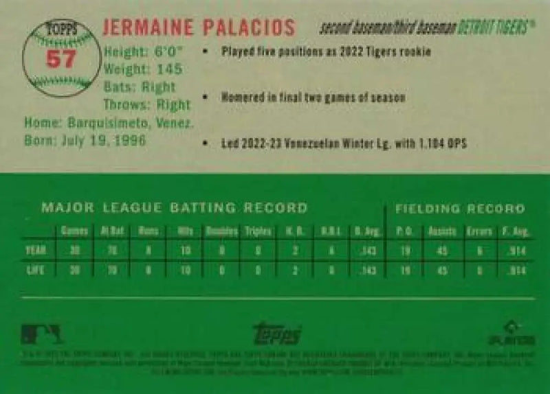 2023 Topps Chrome Platinum Anniversary #57 Jermaine Palacios EX Excellent RC Rookie Detroit Tigers Baseball Card