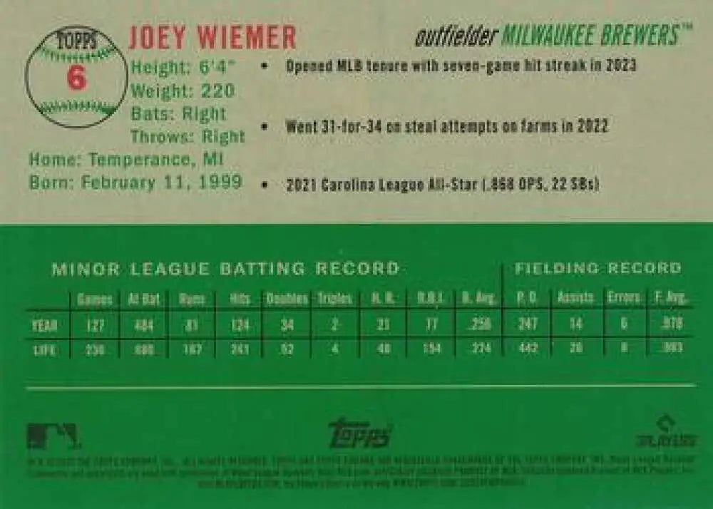 2023 Topps Chrome Platinum Anniversary #6 Joey Wiemer EX Excellent RC Rookie Milwaukee Brewers Baseball Card - Baseball