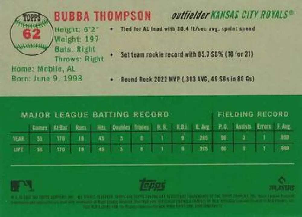2023 Topps Chrome Platinum Anniversary #62 Bubba Thompson EX Excellent RC Rookie Kansas City Royals Baseball Card