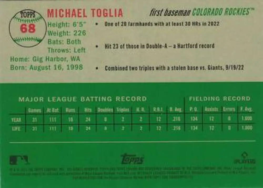 2023 Topps Chrome Platinum Anniversary #68 Michael Toglia EX Excellent RC Rookie Colorado Rockies Baseball Card