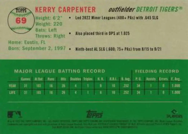 2023 Topps Chrome Platinum Anniversary #69 Kerry Carpenter EX Excellent RC Rookie Detroit Tigers Baseball Card