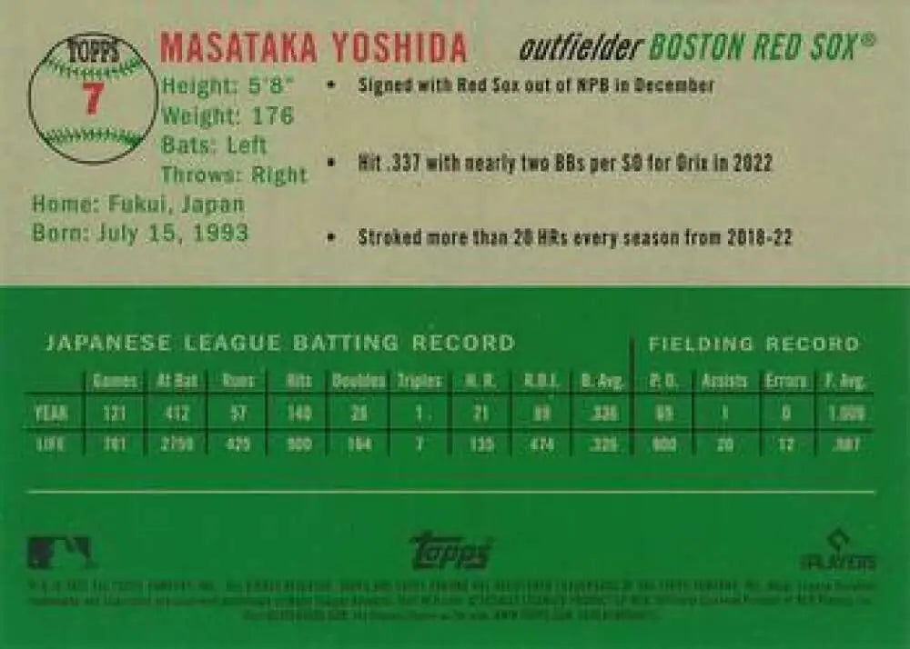 2023 Topps Chrome Platinum Anniversary #7 Masataka Yoshida EX Excellent RC Rookie Boston Red Sox Baseball Card