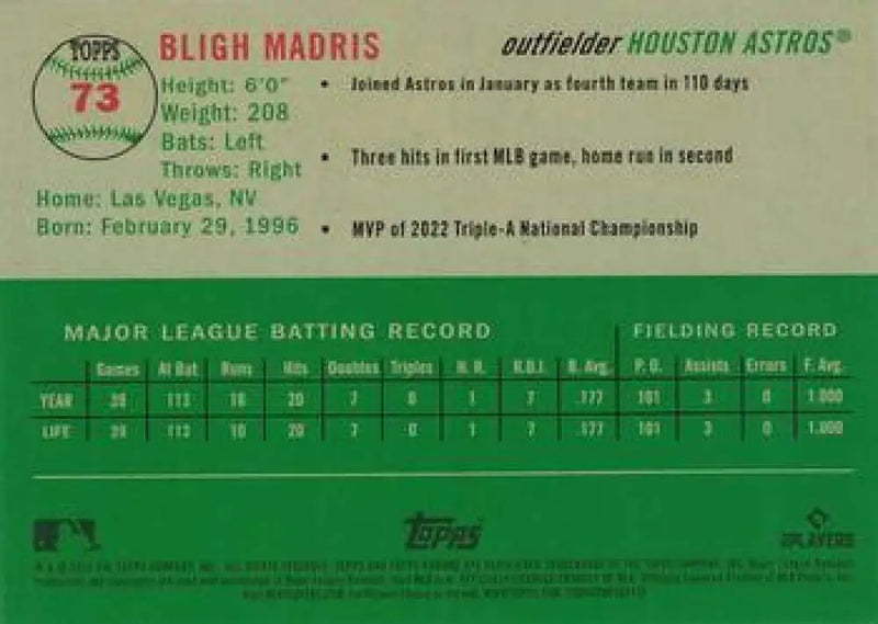 2023 Topps Chrome Platinum Anniversary #73 Bligh Madris EX Excellent RC Rookie Houston Astros Baseball Card - Baseball