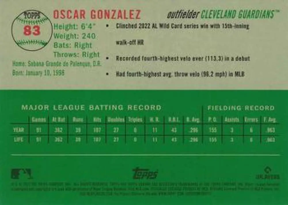2023 Topps Chrome Platinum Anniversary #83 Oscar Gonzalez EX Excellent RC Rookie Cleveland Guardians Baseball Card