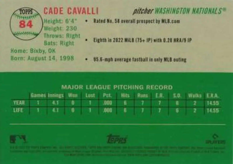 2023 Topps Chrome Platinum Anniversary #84 Cade Cavalli EX Excellent RC Rookie Washington Nationals Baseball Card