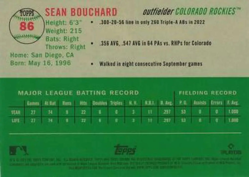 2023 Topps Chrome Platinum Anniversary #86 Sean Bouchard EX Excellent RC Rookie Colorado Rockies Baseball Card