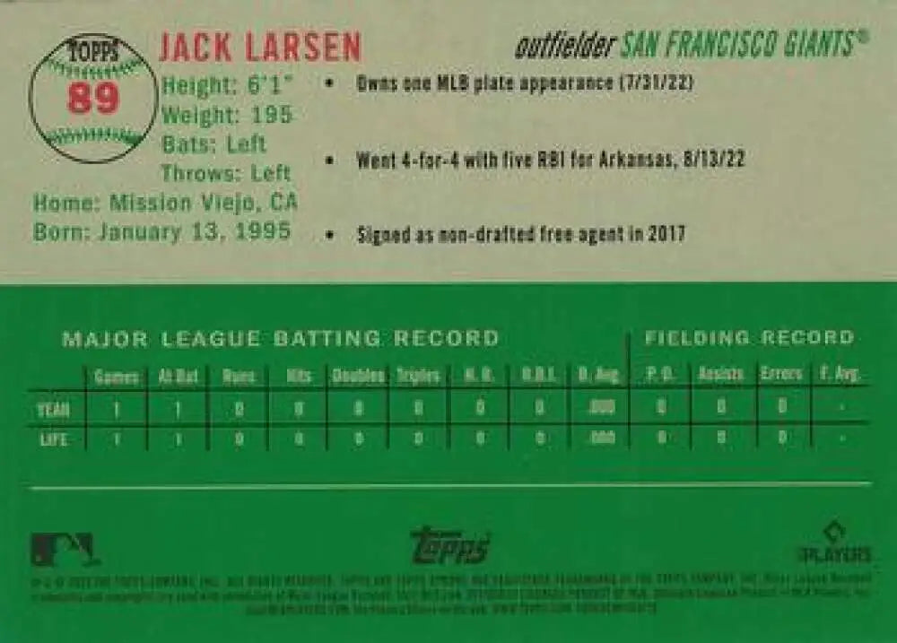 2023 Topps Chrome Platinum Anniversary #89 Jack Larsen EX Excellent RC Rookie San Francisco Giants Baseball Card