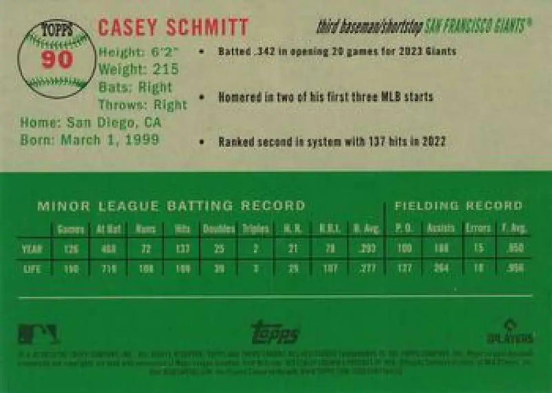2023 Topps Chrome Platinum Anniversary #90 Casey Schmitt EX Excellent RC Rookie San Francisco Giants Baseball Card
