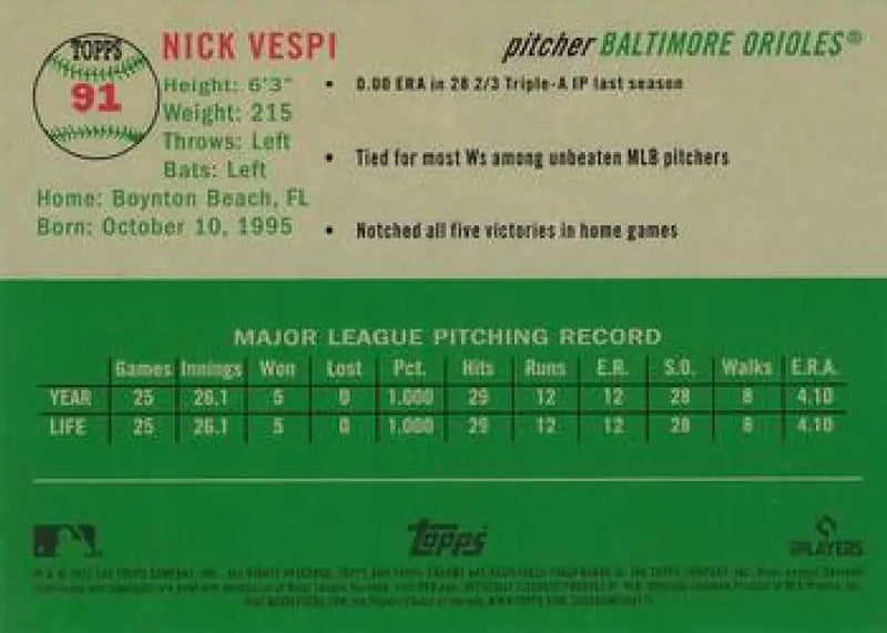 2023 Topps Chrome Platinum Anniversary #91 Nick Vespi EX Excellent RC Rookie Baltimore Orioles Baseball Card - Baseball