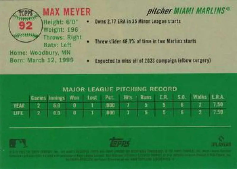 2023 Topps Chrome Platinum Anniversary #92 Max Meyer EX Excellent RC Rookie Miami Marlins Baseball Card - Baseball Card