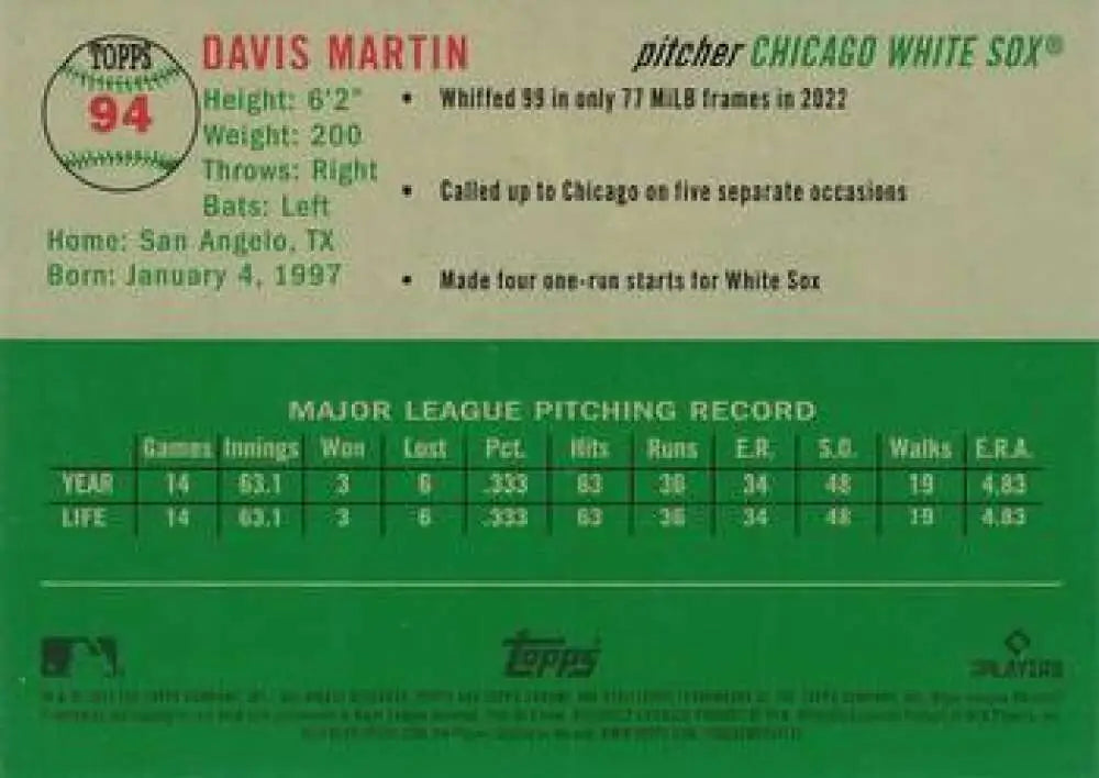 2023 Topps Chrome Platinum Anniversary #94 Davis Martin EX Excellent RC Rookie Chicago White Sox Baseball Card