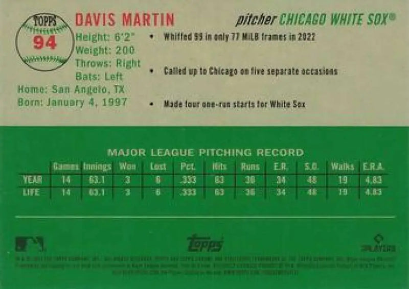 2023 Topps Chrome Platinum Anniversary #94 Davis Martin EX Excellent RC Rookie Chicago White Sox Baseball Card