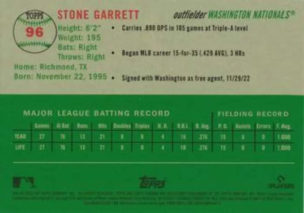 2023 Topps Chrome Platinum Anniversary #96 Stone Garrett EX Excellent RC Rookie Washington Nationals Baseball Card
