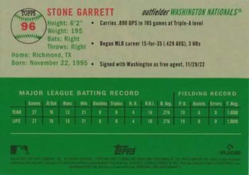 2023 Topps Chrome Platinum Anniversary #96 Stone Garrett EX Excellent RC Rookie Washington Nationals Baseball Card