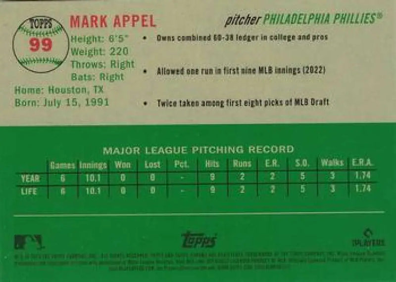 2023 Topps Chrome Platinum Anniversary #99 Mark Appel EX Excellent RC Rookie Philadelphia Phillies Baseball Card