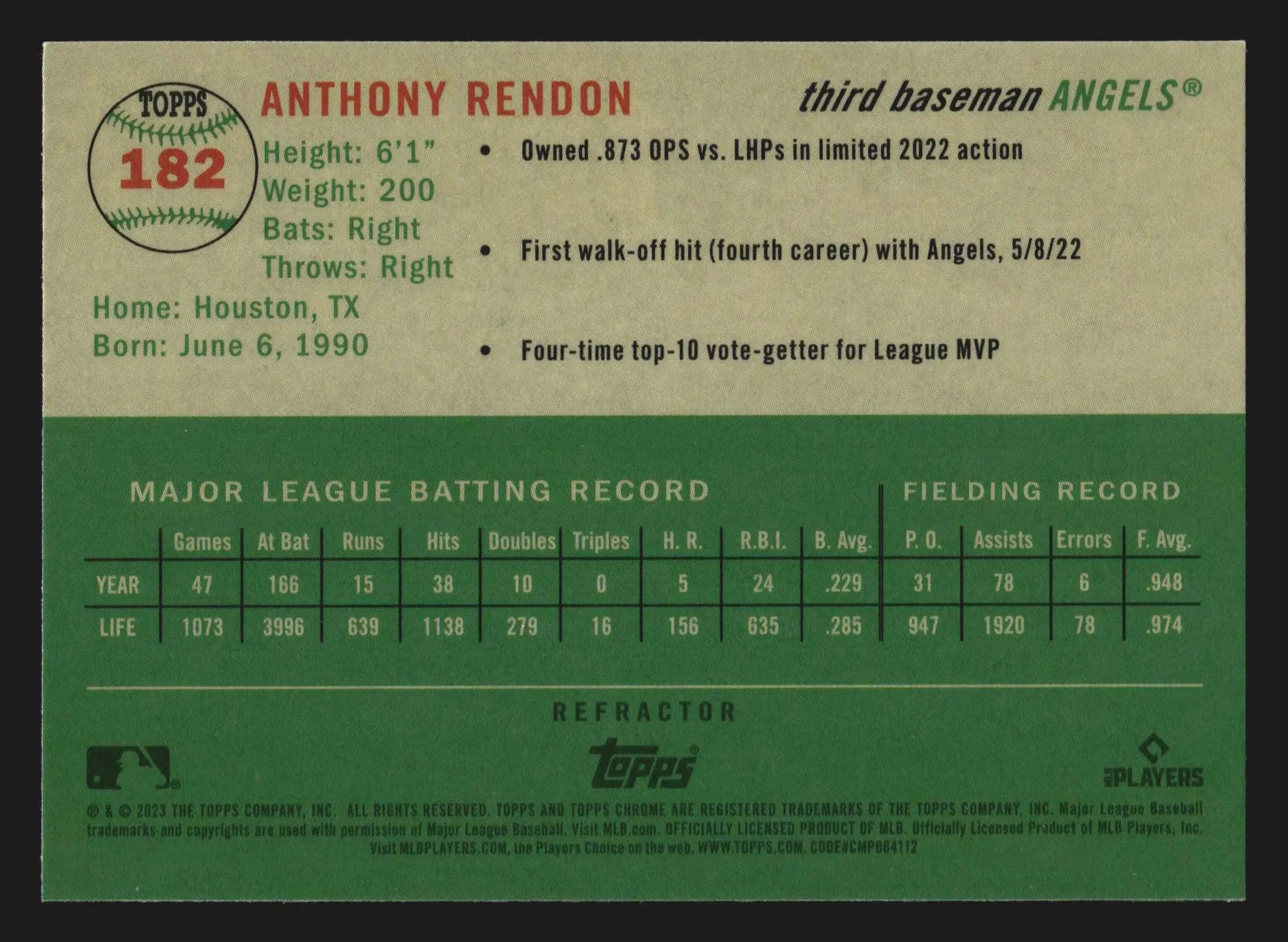 2023 Topps Chrome Platinum Anniversary Anthony Rendon #182 Refractor Angels - Baseball Card Single