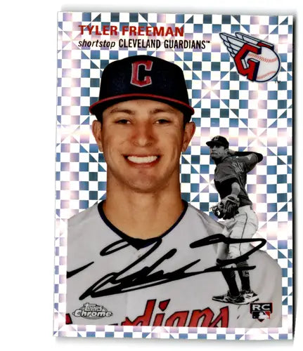 Signed Tyler Freeman baseball card from 2023 Topps Chrome Platinum Anniversary X-Fractor with original gloss