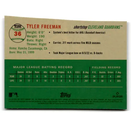 Tyler Freeman baseball card from Topps Chrome Platinum Anniversary X-Fractor with original gloss
