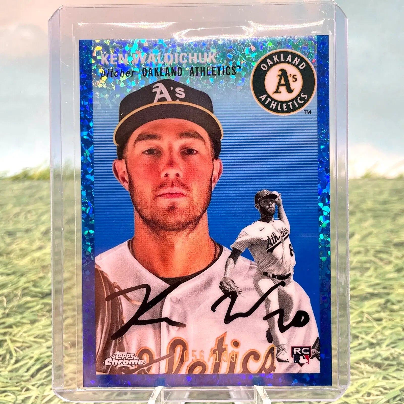 Ken Waldichuk autographed baseball card from 2023 Topps Chrome Platinum Blue Mini Diamonds