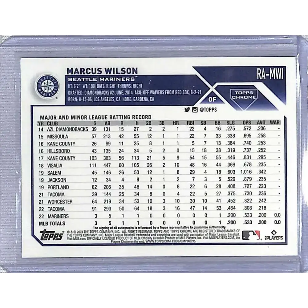 2023 Topps Chrome #RA-MWI Marcus Wilson Rookie Autographs NM-MT Baseball Card - Baseball Card Single