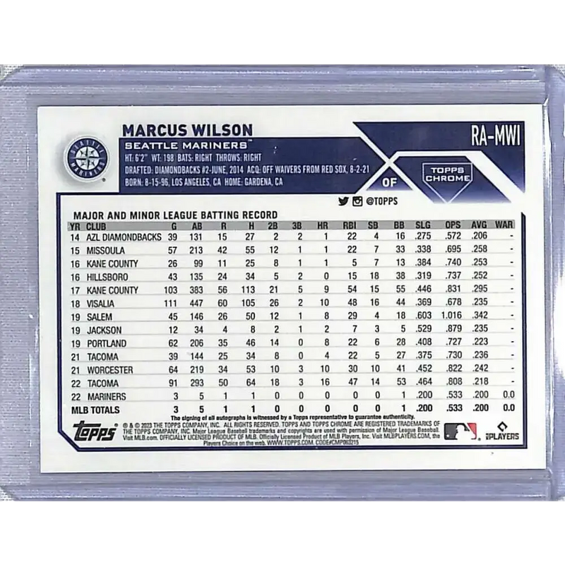2023 Topps Chrome #RA-MWI Marcus Wilson Rookie Autographs NM-MT Baseball Card - Baseball Card Single