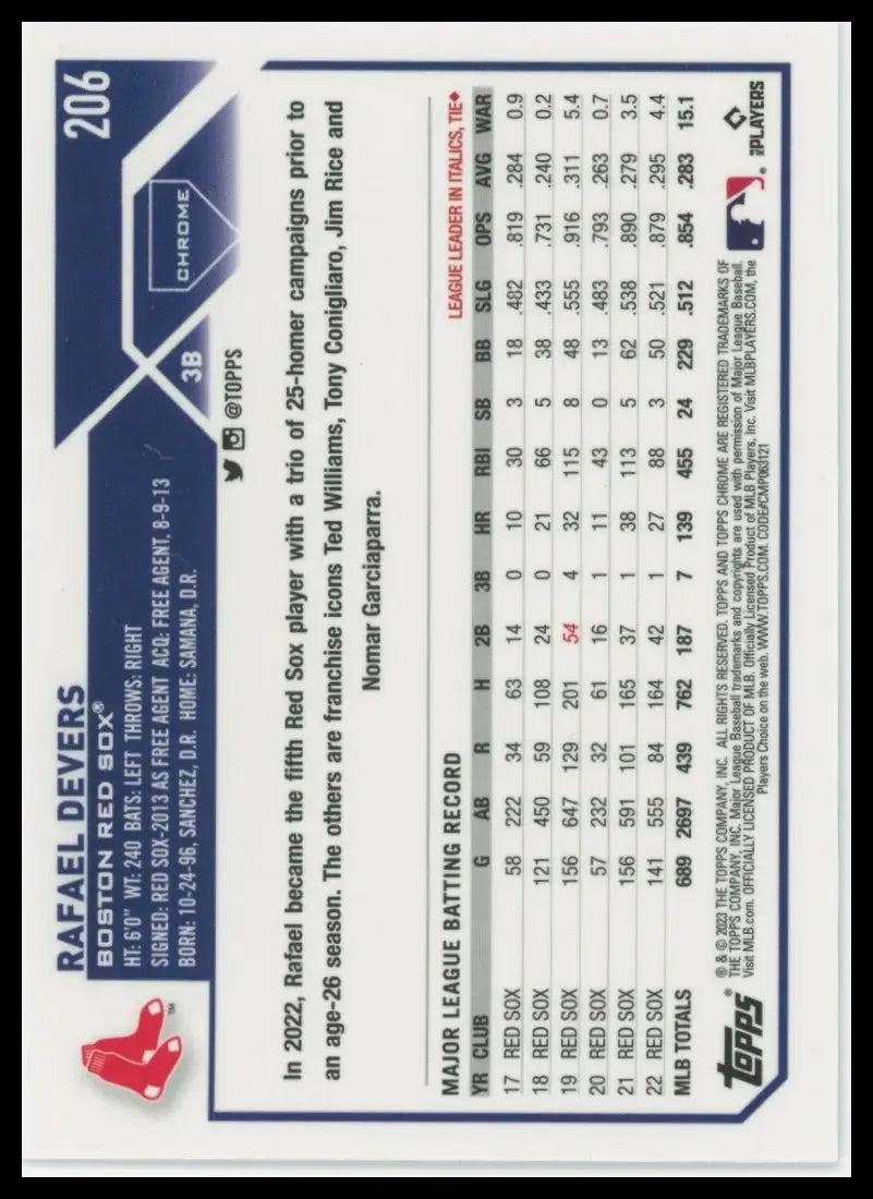 2023 Topps Chrome Rafael Devers 206 Boston Red Sox NM - Baseball Card Single